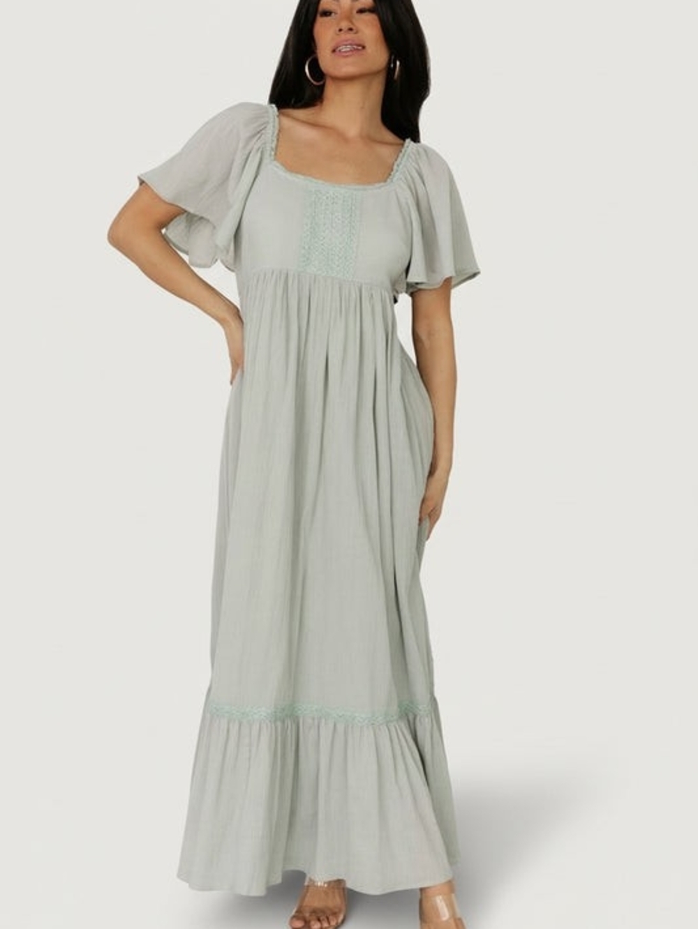 Light Sage Green Maxi Dress with Flutter Sleeves
